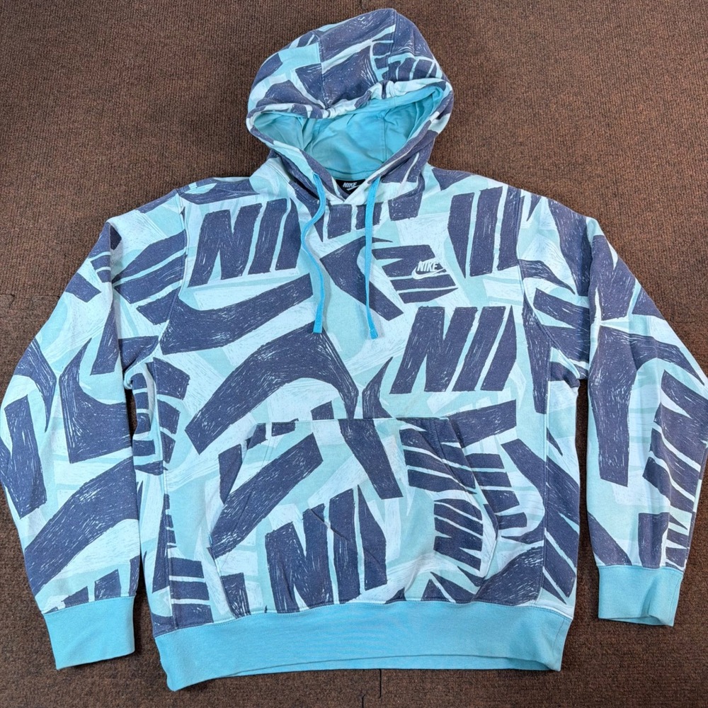 Nike Sportswear Club Fleece Hoodie Mens Medium All Over Print Teal Navy Blue M